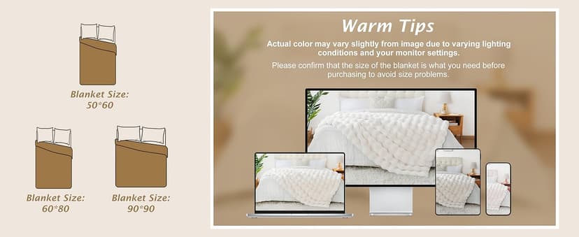 Touchat Luxury 1000GSM Faux Rabbit Fur Throw Blanket, Super Heavy Warm Cozy Blankets for Couch Bed Sofa, Bubble Plush Fuzzy Elegant Soft Reversible Mink Blanket for Living Room Bedroom, Cream White
