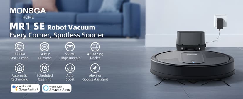 MONSGA Robot Vacuum Cleaner, 4000Pa Powerful Suction Robotic Vacuum, 3.2" Super-Slim, 140Min Runtime, Vacuum Robot for Hard Floor/Low Pile Carpet/Pet Hair, Remote/App/Voice Control, Schedule Clean