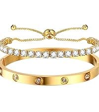 MPRAINBOW Womens Stackable Floral Gold Bracelets - 3Pcs 18K Gold Plated Bracelet,Stainless Steel Bangle Bracelets Non Tarnish, Gold Bracelet Set Trendy Jewelry,Christmas Valentines Birthday Gifts for Girlfriend