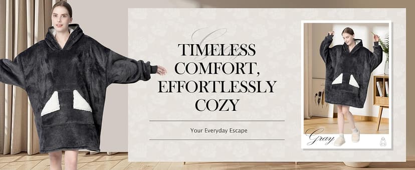 Touchat Wearable Blanket Hoodie, Oversized Sherpa Fleece Sweatshirt Blanket with Giant Hood Pocket and Sleeves for Adult, Warm & Cozy Grey Blanket Gifts for Women