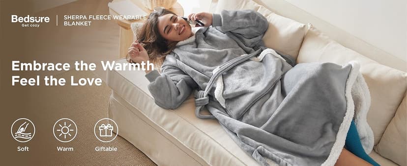 Bedsure Wearable Blanket Hoodie, Long Hooded Blanket Sweatshirt as Birthday Gifts for Women, Cozy Sherpa Hoodie for Adult, Standard, Grey