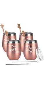 Qtencas Christmas Funny Wine Tumbler Set, 12 Oz Stainless Steel Wine Tumbler with Spoon for Women Friends Sisters Men, Gift Idea for Christmas Xmas Wedding Party, 4 Pack, Rose Gold