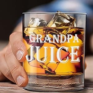 LIGHTEN LIFE Grandpa Juice Whiskey Glass 12 oz, Unique Gift in Valued Wooden Box, Funny Ideas for New Grandpa, Birthday from Grandson, Granddaughter