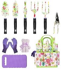 Garden Tools Set, JUMPHIGH 10 Pieces Gardening Tools with Floral Print, Ergonomic Handle Trowel Rake Weeder Pruner Shears Sprayer, Garden Hand Tools with Carrying Case Gardening Gifts for Women Father