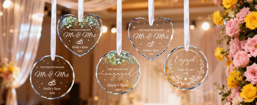 First Christmas Married Ornament, Personalized Wedding Gifts for Couple, Mr and Mrs Gift, Bridal Shower Gifts, Just Married for Newlywed Couples, Bride, Crystal Glass Wedding Christmas Ornaments 2025