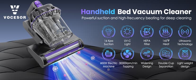 Mattress Vacuum, Bed Vacuum Cleaner with 16Kpa Suction 253.7nm UV-C Light, 145°F Heat & 30000 RPM/Min Tapping, HEPA Filter & Ultrasonic, 600W Powerful Vacuums for Bed, Sofa, Couch(Corded)