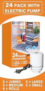 24 Pack Vacuum Storage Bags with Electric Pump, (5 Jumbo, 5 Large, 5 Medium, 5 Small, 4 Roll Up Bags) Space Saver Bag for Clothes, Mattress, Blanket, Duvets, Pillows, Comforters,Travel