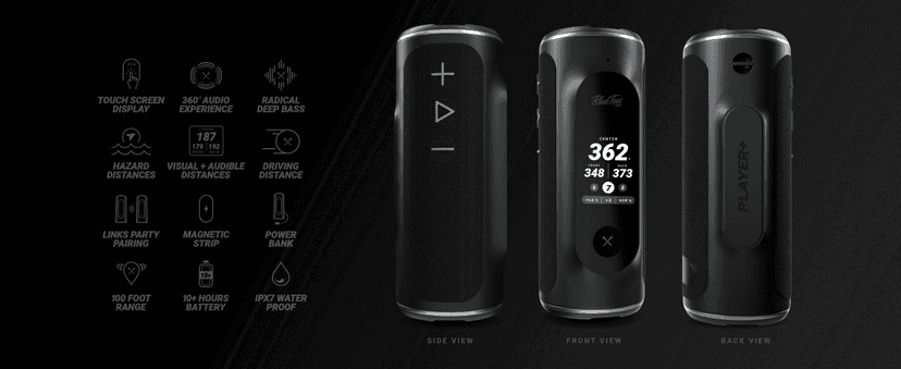 Blue Tees Golf Player+ GPS Speaker with Touch Screen Display, 10+ Hours Battery, 40,000+ Courses, Visual + Audible Distance, Hazard Distance - IPX7 Waterproof (Navy)