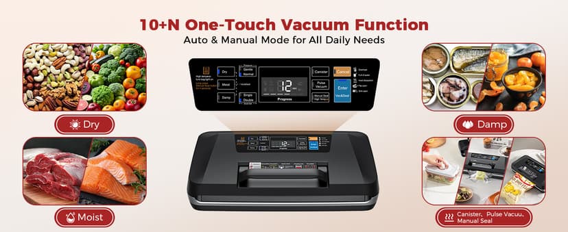 95kpa Vacuum Sealer, Commercial Fully Automatic Food Sealer, Powerful Sealing System, Double Heat Seal, Built-in Cutter and Bag Storage, 1 Roll Bag and 10 Precut Bags