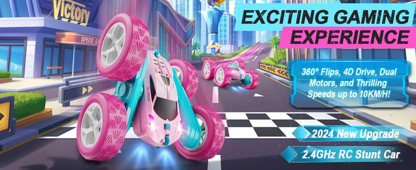 RC Cars, Pink Remote Control Car for Girls, 2.4 GHZ Double Sided RC Stunt Car 360° Rotating Remote Control Crawler with Headlights Car Toys for 6 7 8 9 10 11 12 Girls Birthday Gift Grandkids