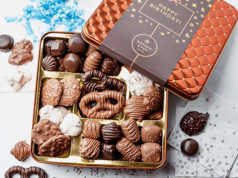 Chocolate Gift Basket, Candy Food Arrangement Platter, Gourmet Snack Box, Holiday Present Idea, Corporate Him & Her, Men Women Sympathy Family Parties & Get Well- Bonnie & Pop