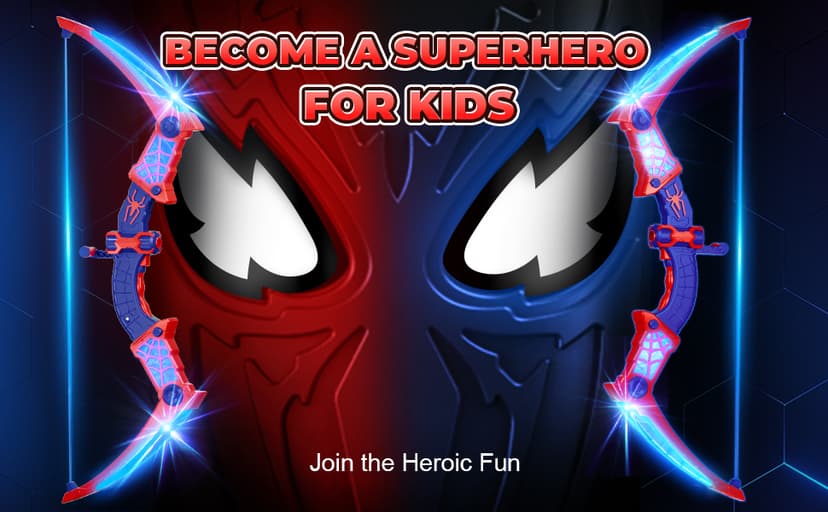 Spider Toys for Boys Age 3-4 4-6 6-8 8-12, Kids Toy BowArrow Shooting Set with Red & Blue LED Lights, Spider Quiver & Web Target, 8 Suction Cup Arrows, Toys Gifts for 3 4 5 6 7 8 9 10 12 Year Old Boys