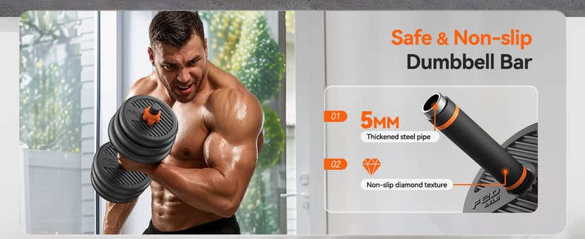 FEIERDUN Adjustable Dumbbells, 20/30/40/45/70/90lbs Free Weight Set with Connector, 5 in1 Dumbbells Set Used as Barbell, Kettlebells, Push up Stand, Weight Plate, Fitness Exercises for Home Gym Suitable Men/Women