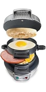 Hamilton Beach Dual Breakfast Sandwich Maker with Timer, Ready in 5 Minutes, Removable Dishwasher Safe PFAS-Free Non-Stick Egg Cooker Ring, Silver (25490MNA)