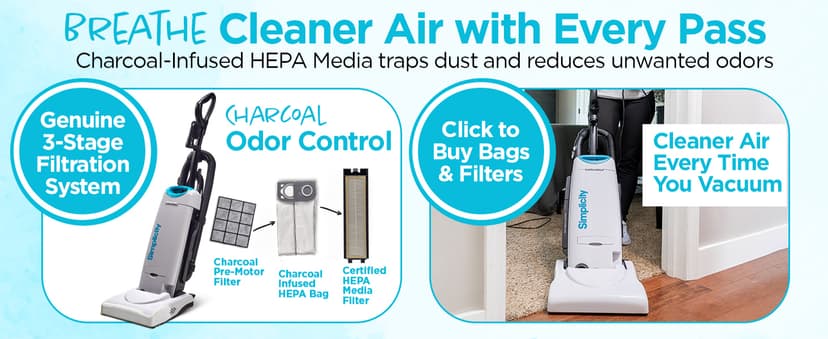 Simplicity Vacuums Premium Allergy Upright Vacuum Cleaner – Multi-Surface Bagged Vacuum Cleaner for Home with Charcoal HEPA Filter Media, Powerful Pet Hair Pickup, Brushroll Activation Switch, S26