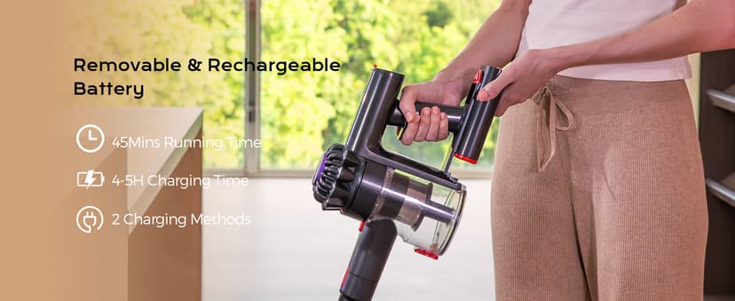 Cordless Vacuum Cleaner, 450W 40KPA Vacuum Cleaners for Home, 45Mins Lightweight Stick Vacuum with Advanced Green Light Tech, Rechargeable Battery Vacuum for Carpet,Pet Hair,Hardwood Floor