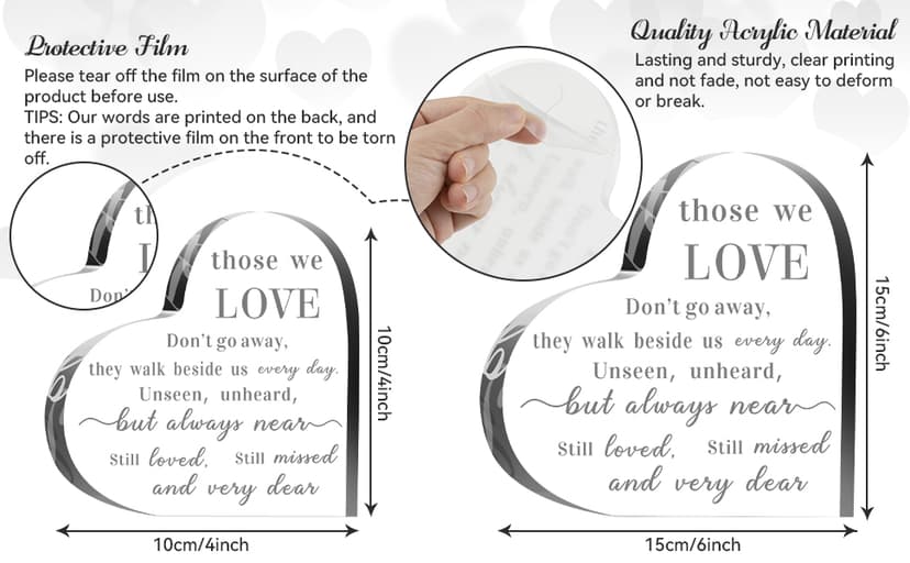 Jetec Bereavement Gift Acrylic Heart Sympathy Memorial Condolence Gift for Loss of Loved One Remember Me Grieving Present for Remembrance Table Decor(6 x 6 x 0.6 Inch)