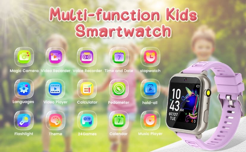 Kids Smart Watches Girls Gift for Girls Age 6-12, 24 Puzzle Games HD Touch Screen Kids Watch with Video Camera Music Player Pedometer Flashlight 12/24 hr Toys for 7 8 9 10 11 12 Year Old Girl Boys