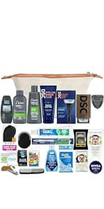 Convenience Kits International Men’s Premium 20-Piece Kit with Travel Size TSA Compliant Essentials, Featuring: Dove Men & Care Products in Brown Dopp Bag