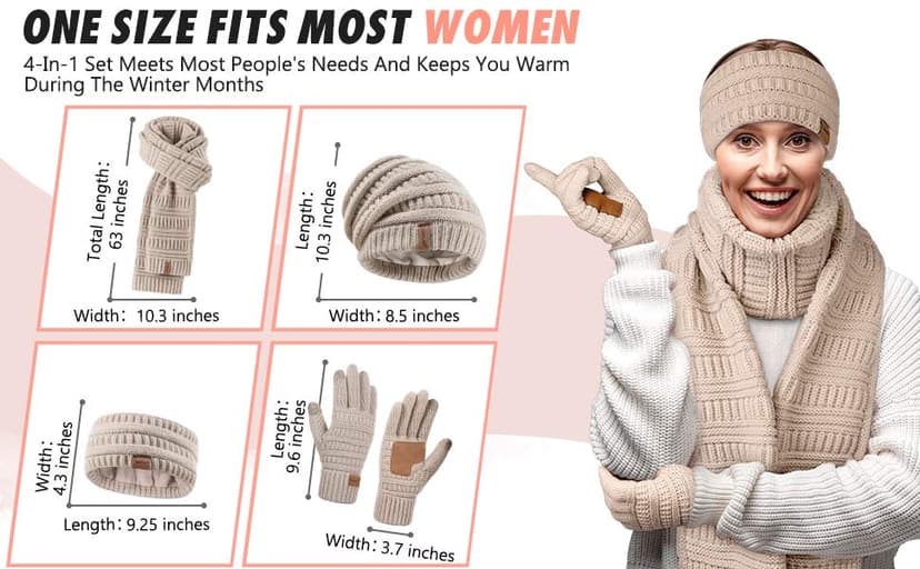 Womens Winter Beanie Hat Scarf Gloves Headband Set, Slouchy Beanie Ear Warmer Knit Scarf Touchscreen Gloves Warm 4 Gift Set
