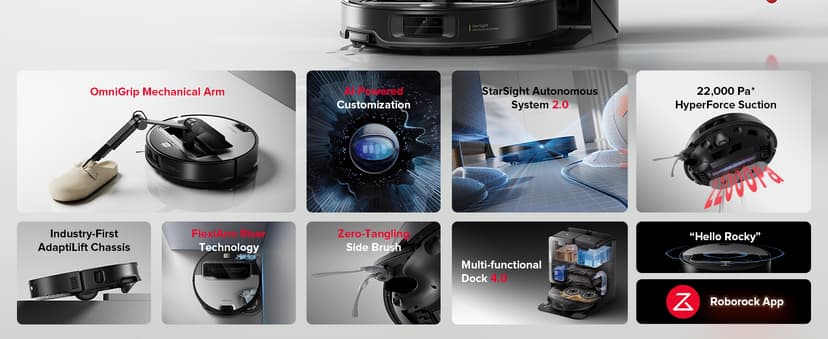 roborock Saros Z70 Robot Vacuum and Mop, OmniGrip Arm, AI-Powered, 22,000Pa Suction, 3.14’’ Ultra Slim, FlexiArm Riser Technology, AdaptiLift Chassis, Obstacle Avoidance, Auto Mop Washing & Drying