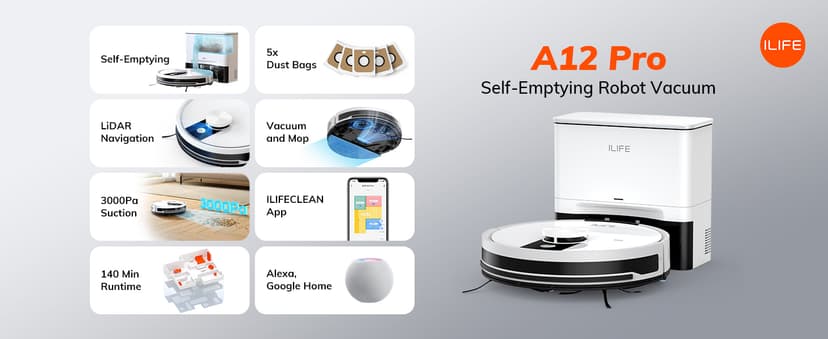 ILIFE A12 Pro Robot Vacuum and Mop Combo, Self Emptying Station for 60 Days, LiDAR Navigation, Home Mapping, No-Go Zones, 2.4G WiFi/App/Alexa/Remote Control, for Hard Floors, 110V