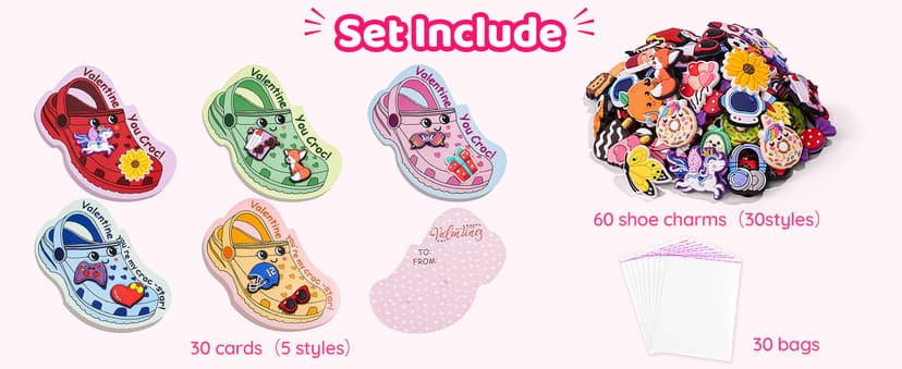 AYGXU Valentines day cards for kids school-valentines day gifts for kids,30pcs Cards with 60 Shoe Charms for boys girls,valentine exchange gifts bulk party favors
