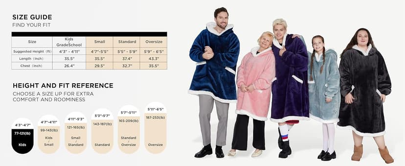 Bedsure Blanket Hoodie, Wearable Blanket for Adults & Kids as Gifts for Women Men, Birthday Gifts for Women Mom Girl Sherpa Oversized Hoodie, Grey, Standard