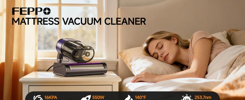 FEPPO Mattress Vacuum Cleaner, 4-in-1 Bed Vacuum Cleaner PRO, 16KPa Handheld Vacuums with 253.7nm UV-C Light, 40,000 Beats/Min Tapping, 140°F Hot Air, HEPA Filter for Bed, Sofa, Crib(Corded, 550W)