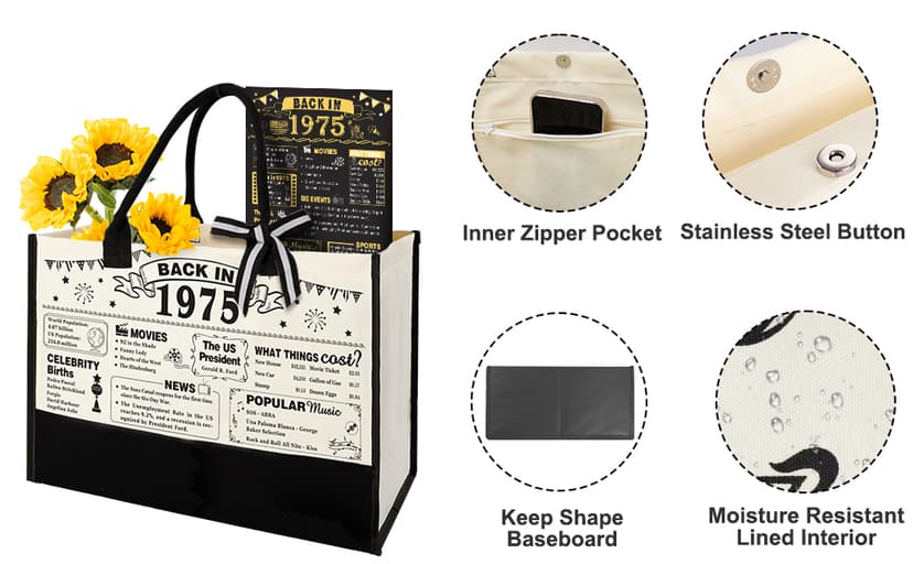 50th Birthday Gifts for Women Canvas Tote Bag Travel Gear, Unique 50 Years Old Gifts for Wife Sister Mom Aunt Friends Her, Vintage 1975 Handbag & Cosmetic Bag & Back in 1975 Poster