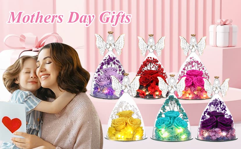 Mothers Day Mom Gifts for Women Preserved Flowers in Glass Angel Forever Flowers Gifts Eternal Roses Gifts for Grandma, Light Purple