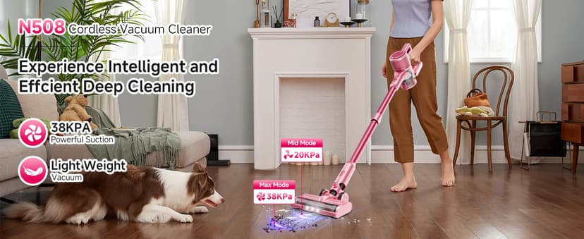 Cordless Vacuum Cleaner, 38Kpa Powerful Stick Vacuum Cleaner with 45mins Rechargeable Battery, LED Anti-Tangle Brush, 8-in-1 Handheld Vacuum Cleaners for Home/Pet Hair/Carpets/Floors, Pink