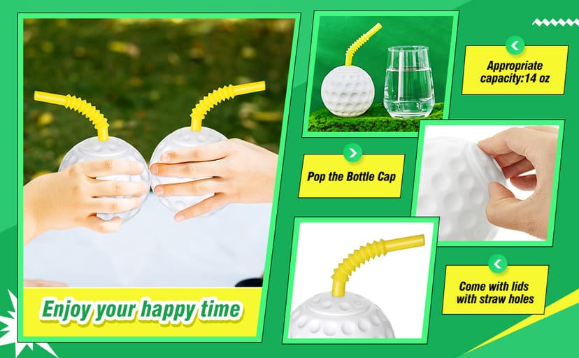 Golf Ball Cups with Lid and Straw 14 oz Plastic Golf Party Favors Shaped Decorations for Party Supplies for Kids Drinking Themed Parties(24 Pieces)