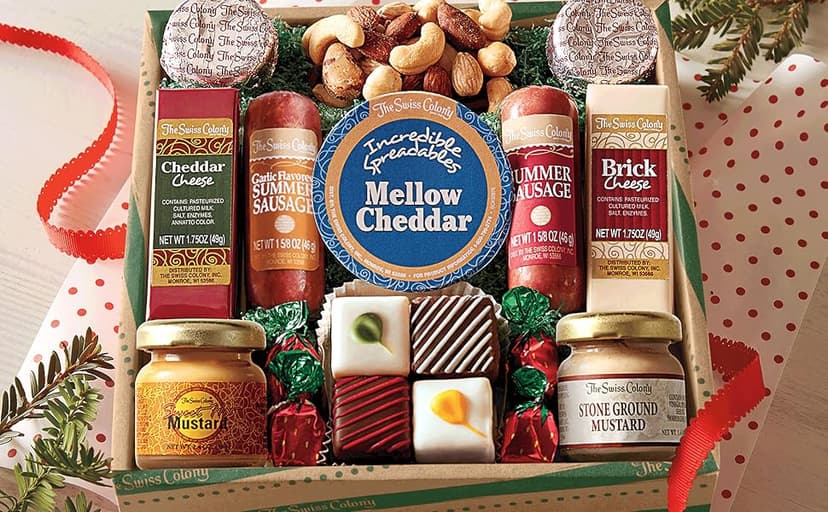 The Swiss Colony Holiday High Notes Gift Basket Assorted Summer Sausage Meats and Cheeses, Chocolate Treats, Snacks for Adults, Women, Men, Charcuterie Boards, Thank You Gifts
