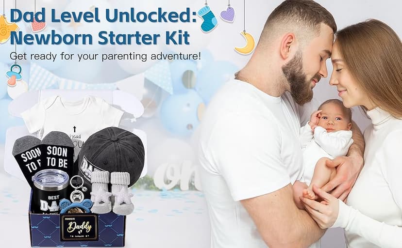 New Dad Gifts Box, 9 Pcs First Time Dad Gifts, Dad to Be Gifts for 1st Time with Tumbler Hat Onesie Socks Keychain for Baby Shower,Unique Kit for Soon to Be or Expecting Father