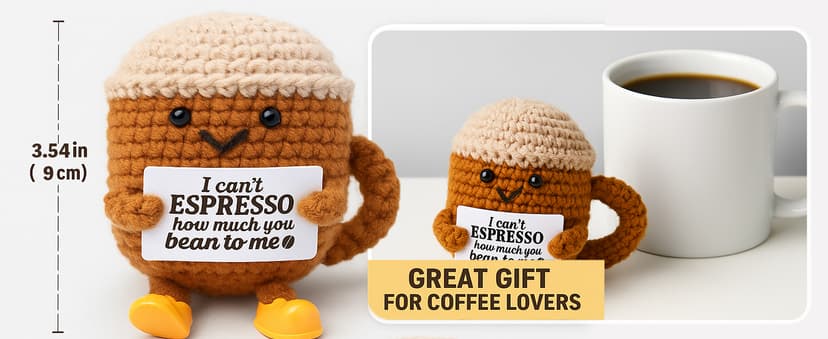 Birthday Gifts for Women Men Positive Crochet Coffee Cup Desk Decor–Cute Coffee Lover Gift for Best Friend Girlfriend Couple Wife Husband Anniversary Thank You