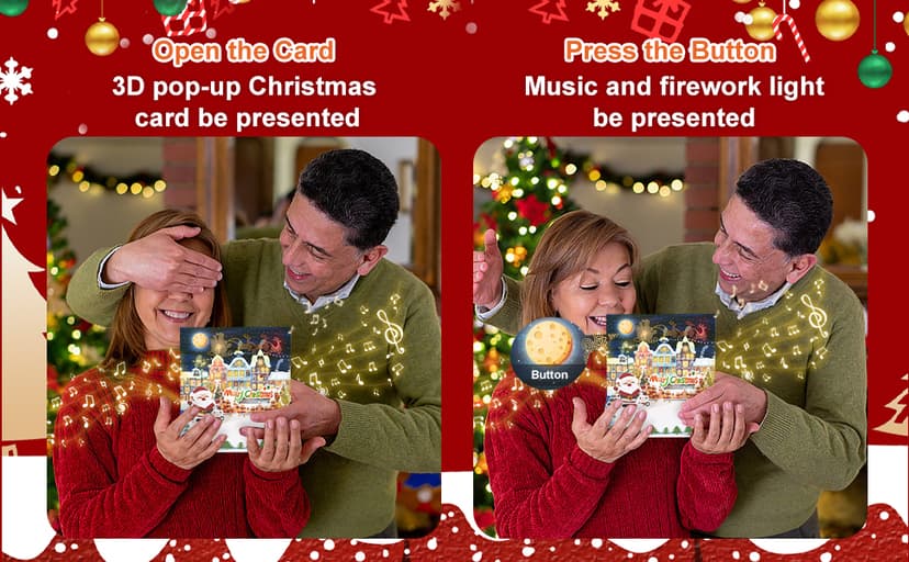 Christmas Cards Large Size, 3D Pop Up Merry Christmas Card with Light and Music, Handmade Christmas Gift Card with Envelope, Musical Greeting Card for Kids Son Daughter Husband Wife