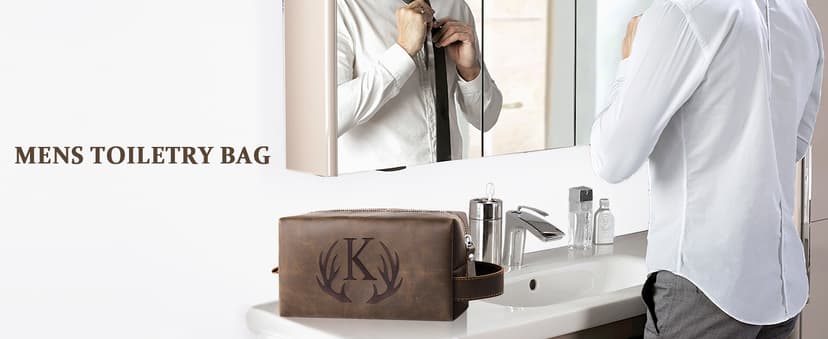 Mens Toiletry Bag Personalized Easter Fathers Day Birthday Gifts for Men Him Initial PU Leather Waterproof Shaving Bag for Toiletries Accessories Travel Essential for Dad Husband Boyfriend (M)