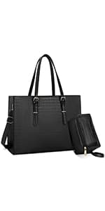 Laptop Bag for Women 15.6 Inch Laptop Tote Bag Leather Classy Computer Briefcase for Work Waterproof Handbag Professional Shoulder Bag Women Business Office Bag Large Capacity Black