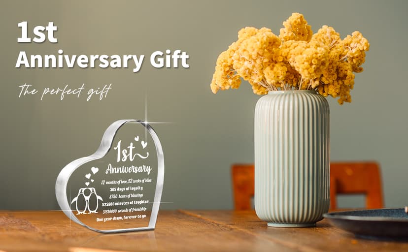 1 Year Anniversary Wedding Gifts for Boyfriend Girlfriend, One Year 1st Anniversary Romantic Gifts for Him Her, Heart Shaped Acrylic Block for Couple Husband Wife, Penguin Keepsake
