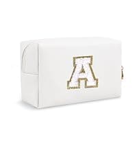 Small Personalized Initial A-Z Preppy Patch Makeup Bag,White PU Chenille Letter Travel Cosmetic Pouch with Zipper,Cute Toiletry Bag,Gift Ideal for Teen Girls Women Teacher Bridesmaid,Letter E