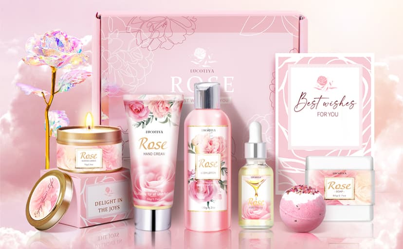 Gifts for Women, Happy Birthday Gifts for Women, Mothers Day Bath and Body Gifts for Woman with Unique Rose Self Care Gift, Home Spa Gift Basket for Mom, Girlfriend, Sister, Female Friends, Coworker