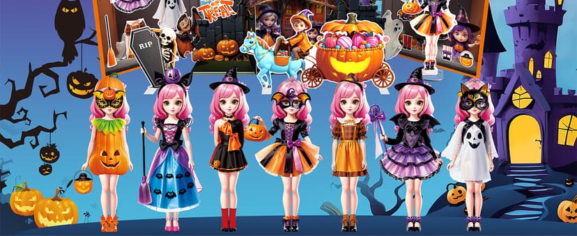 Halloween Magnetic Dress Up Dolls for Kids, Spooky Witch & Pumpkin Fairy Costume Dress Up Set with 3D Haunted House Scene, Travel Activity Toy Gift for Toddler Girls & Boys Ages 3 4 5 6 7
