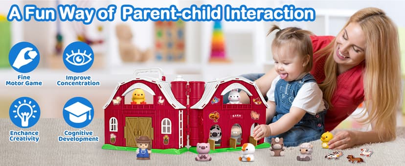 Aigybobo Farm Animals Big Barn Toys for 1 2 3 Year Old, Toddler Montessori Learning Toy, Farm Playset with Animal Figures and DIY Stickers, Christmas Birthday Gift for Baby Boys Girls Age 12-18 Months