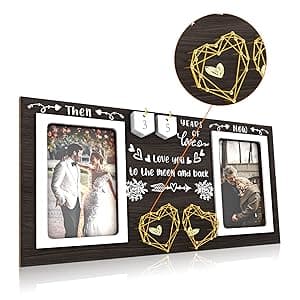 Then & Now Anniversary Picture Frame - 1-99 Years Anniversary Wedding Gift for Couple, Engagement Bridal Shower Gifts for Couples Wood Photo Frame Holds 2 4x6 Inches Photos