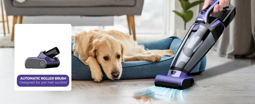 Pet Hair Handheld Vacuum Cordless: 20000PA High Power Car Vacuum with Motorized Brush and LED Light, Rechargeable Hand Held Vacuum Cleaner with Reusable Filter for Car, Home, Office & Pet, Purple