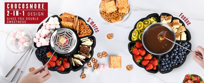 2 in 1 Electric S’mores Maker & Fondue Pot, Tabletop Indoor Smores kit with 4 Roasting Forks, 4 Detachable Trays & 1 Flameless Temperature-controlled Heater, Movie Night Supplies & Housewarming Gifts