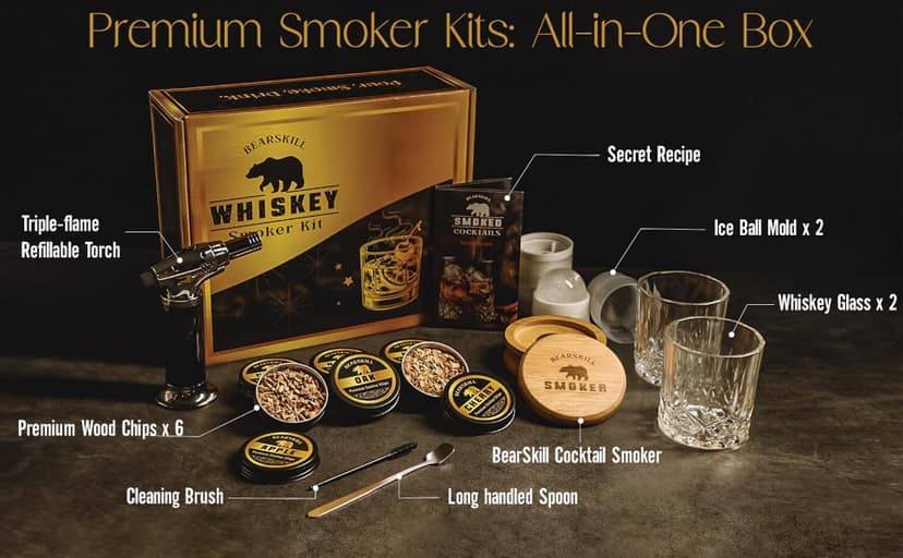 Whiskey Smoker Kit with Torch - 6 Natural Wood Chips Flavors, 2 Glasses, 2 Ice Molds - Cocktail Smoker Infuser Kit, Old Fashioned Smoker Kit, Birthday Bourbon Whiskey Gifts for Men, Dad(No Butane)