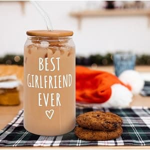 Gifts for Girlfriend - Girlfriend Gifts for Women - Anniversary, Valentines, Birthday Cup for Her - Romantic Love Glass for Her - 16 Oz Can Glass with Lid, Straw & Brush
