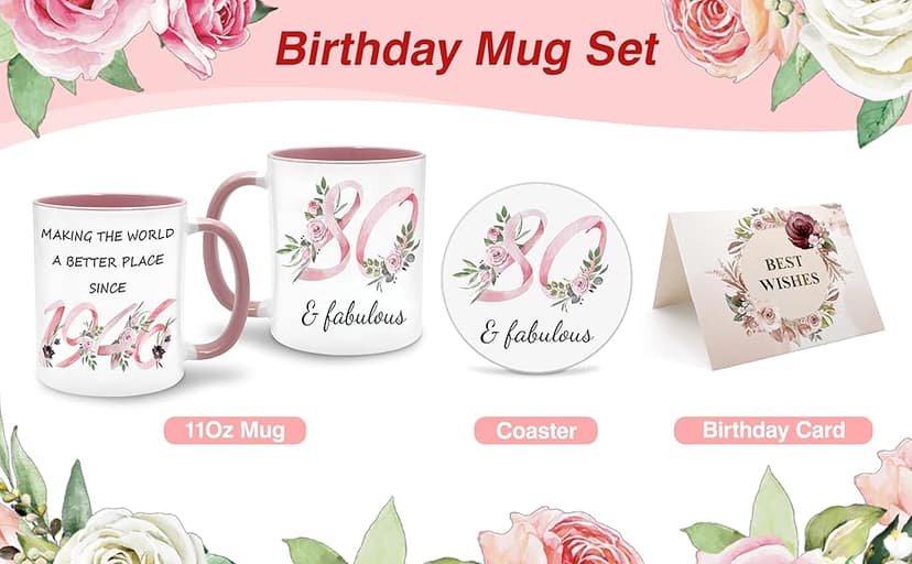 80th Birthday Gifts for Women Her, 1945 Vintage Birthday Coffee Mugs with Silicone Coaster, Fabulous 1945 Gifts Ideas for 80 Years Old Women Mom Sisters Grandma
